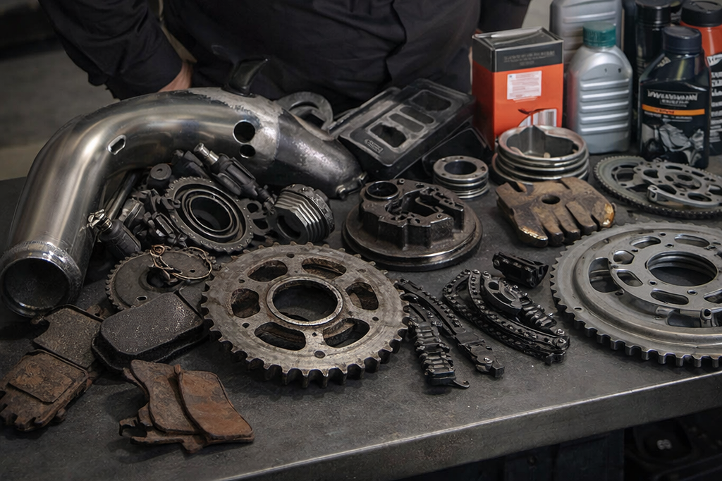 Motorradteile und Werkstattarbeit